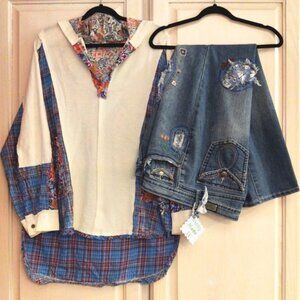 Floral Embroidered Upcycled Bootcut Earl Jeans & Pol Pullover Bundle SZ L-XL EUC